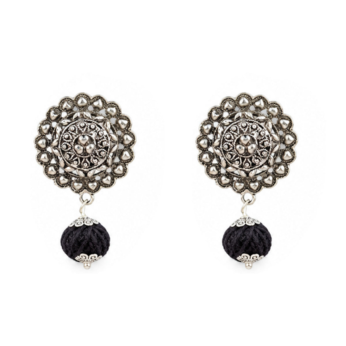 Oxidized German Silver Beaded Necklace with Black Thread Ball Danglers & Earrings, Bracelet Set – Ethnic Wire Collar Jewellery Set for Women, Navratri Special