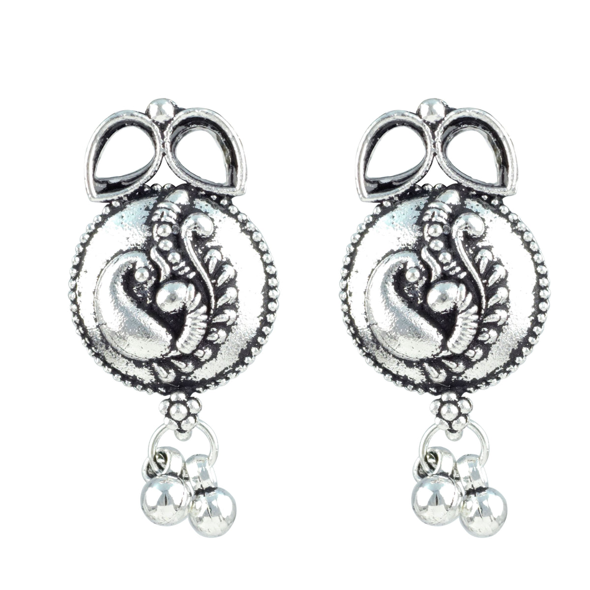 JFL - Jewellery for Less Oxidized German Silver Necklace and Bracelet Set with Mirror Stone Drops – Peacock Design Antique Silver Choker Jewellery Set for Women & Girls, Traditional Ethnic Wear