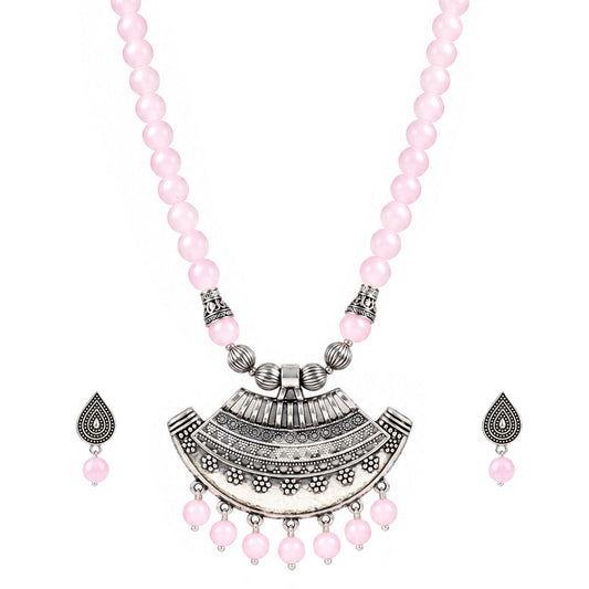Oxidized German Silver Half Moon Pendant Necklace with Baby Pink Beads and Matching Earrings & Bracelet – Navratri Special Traditional Jewellery Set for Women