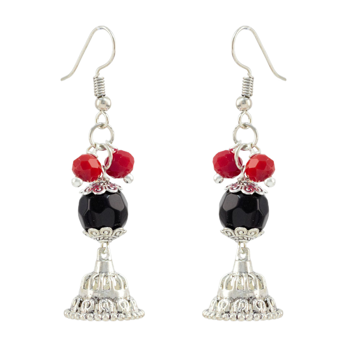 JFL - Jewellery for Less Oxidized Silver Afghani Necklace Set with Red & Black Thread Beads – Tribal Boho Jhumka Earrings with Bracelet – Navratri Traditional Jewellery for Women & Girls