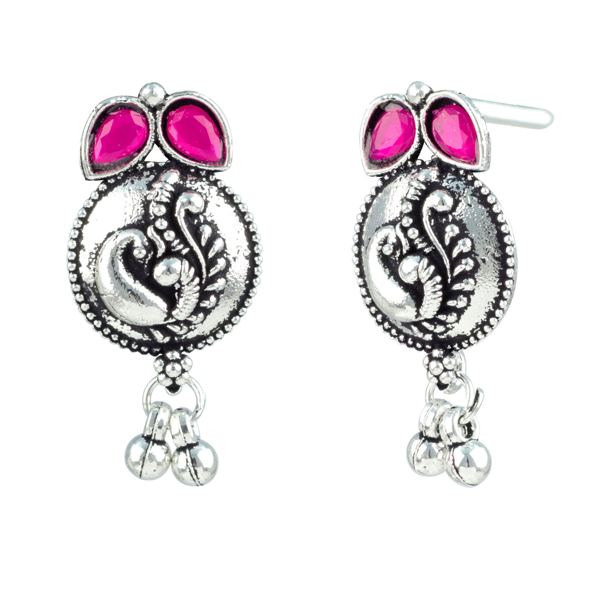 JFL - Jewellery for Less Oxidized German Silver Navratri Necklace with Bracelet Set – Colorful Stone Peacock Design Pendant Jewellery Set for Women & Girls, Traditional Ethnic Antique Silver Combo