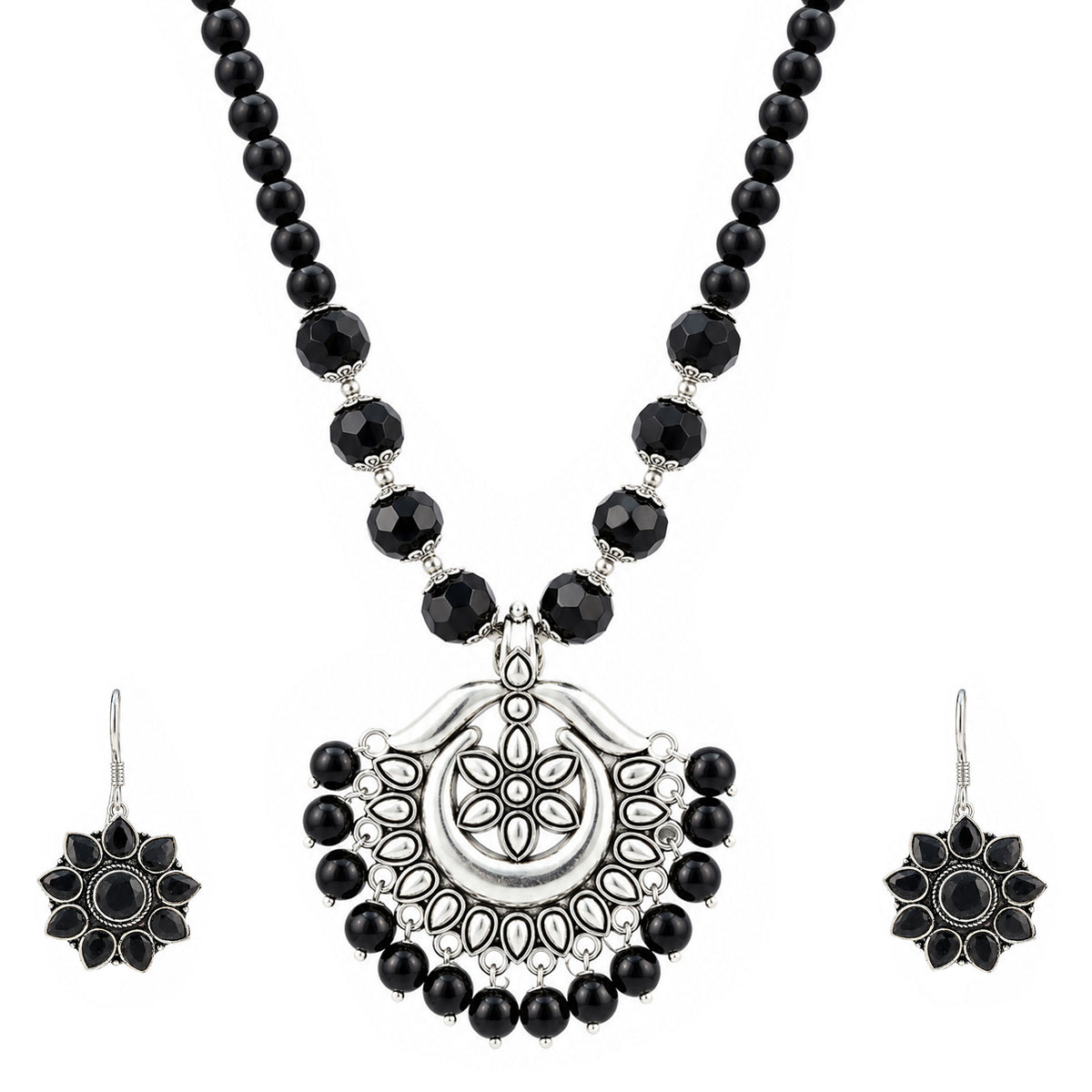 JFL - Jewellery for Less Oxidized German Silver Black Beads Pendant Necklace with Earrings Set for Women | Antique Silver Floral Design Jewellery Set | Navratri Special Traditional Jewellery
