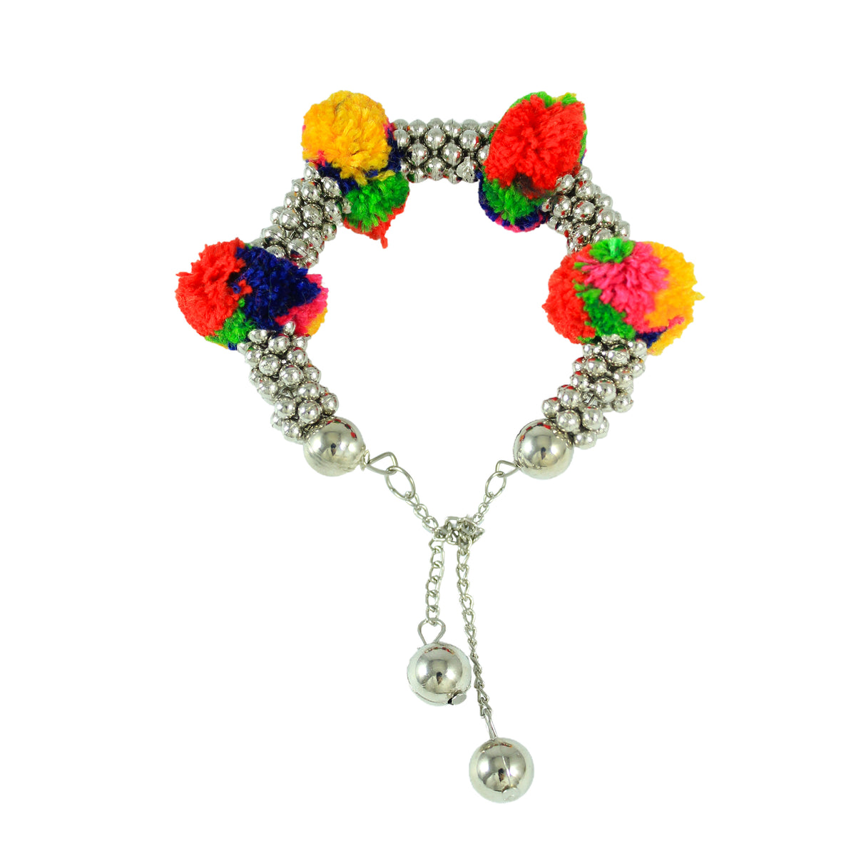 JFL - Jewellery for Less Navratri Special Oxidised Silver-Plated Multicolor Pom-Pom Beaded Necklace with Matching Earrings – Traditional Multicolor Thread Ethnic Jewellery Combo for Women & Girls