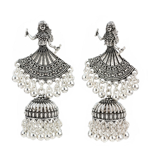 Oxidized Silver-Toned Dancing Lady Jhumki Earrings – Antique Finish Garba Dandiya Earrings with Ghungroo Drops for Women & Girls | Navratri Special