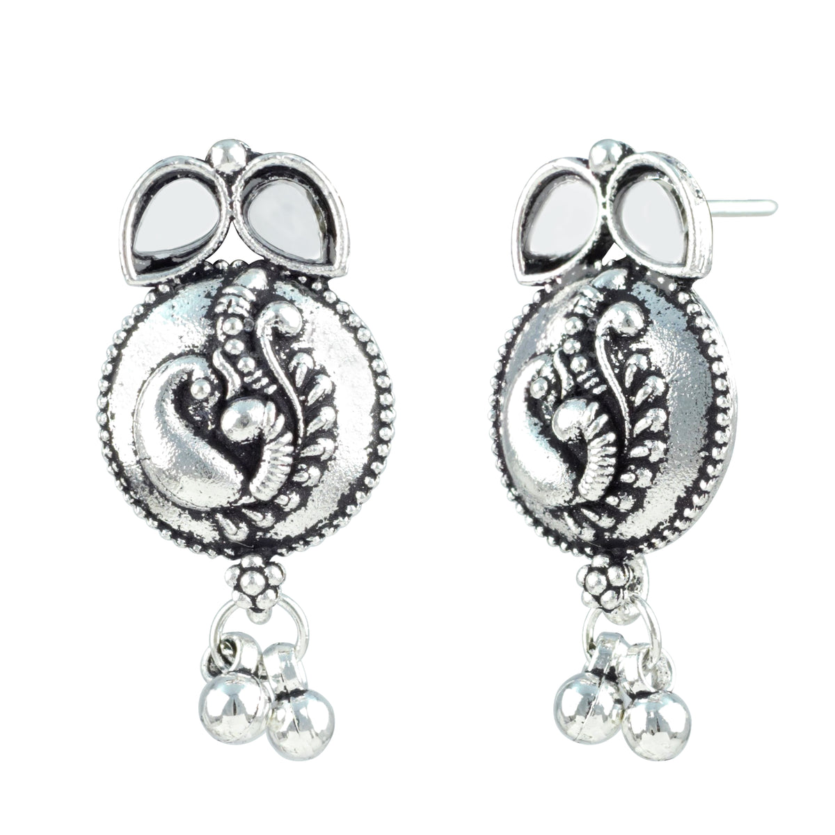 JFL - Jewellery for Less Oxidized German Silver Necklace Set with Mirror Stone Drops – Peacock Design Antique Silver Choker Jewellery Set for Women & Girls, Traditional Ethnic Wear