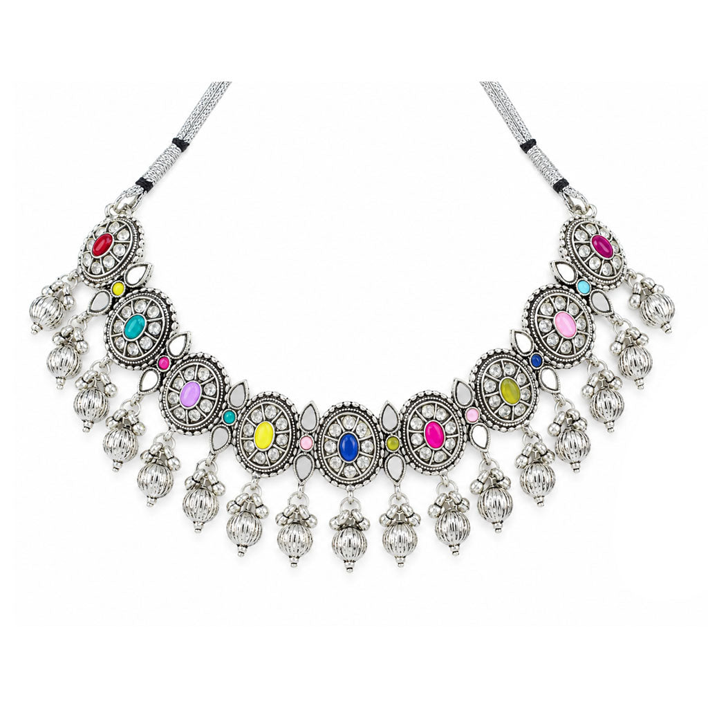 JFL - Jewellery for Less Oxidized German Silver Necklace Set with Earrings – Round Motif Multicolor Stone Choker Jewellery Set for Women & Girls, Traditional Ethnic Antique Silver Combo