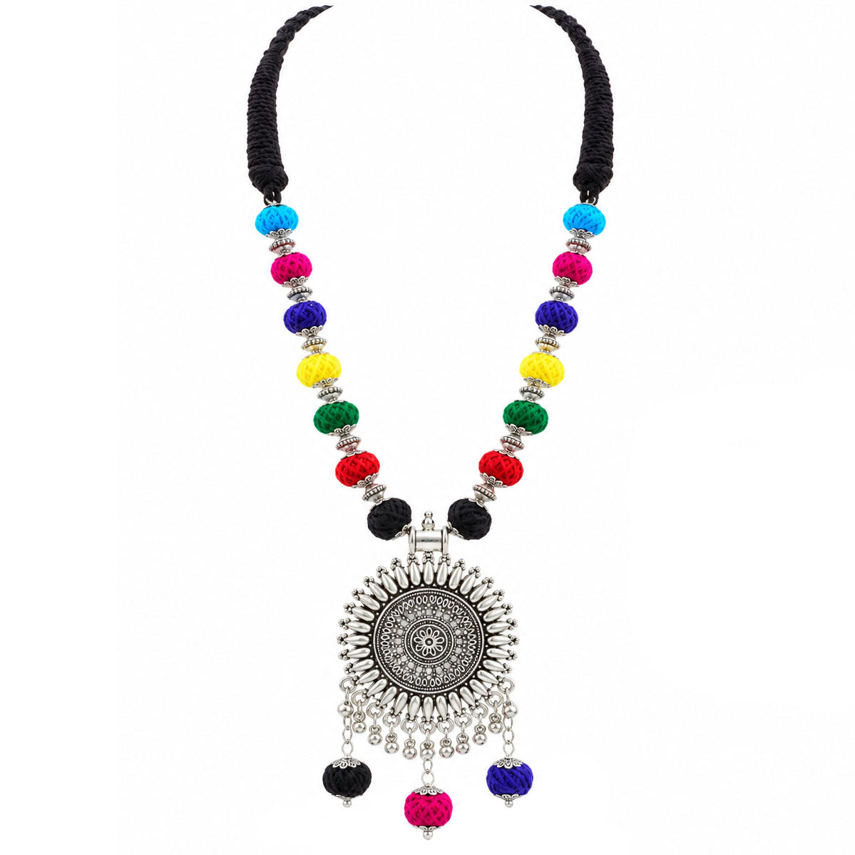 JFL - Jewellery for Less Oxidized German Silver Sun Pendant Multicolor Thread Beads Necklace and Earrings with Bracelet Set for Women | Handmade Cotton Thread Jewellery with Adjustable Black Dori | Navratri Special Tribal Jewellery