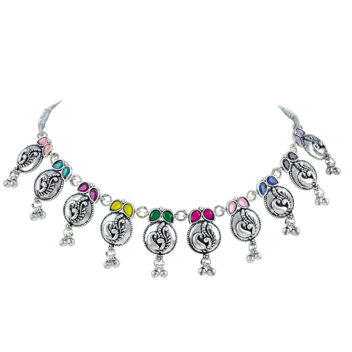 JFL - Jewellery for Less Oxidized German Silver Navratri Necklace Set – Colorful Stone Peacock Design Pendant Jewellery Set for Women & Girls, Traditional Ethnic Antique Silver Combo