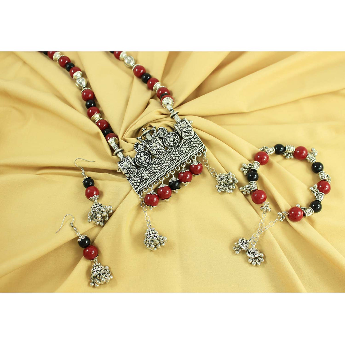 JFL-Jewellery for Less Maroon & Black Beaded Necklace Earrings Bracelet Set with Oxidised Silver Floral Temple Pendant & Jhumka Danglers – Jewellery for Women & Girls – Navratri, Garba