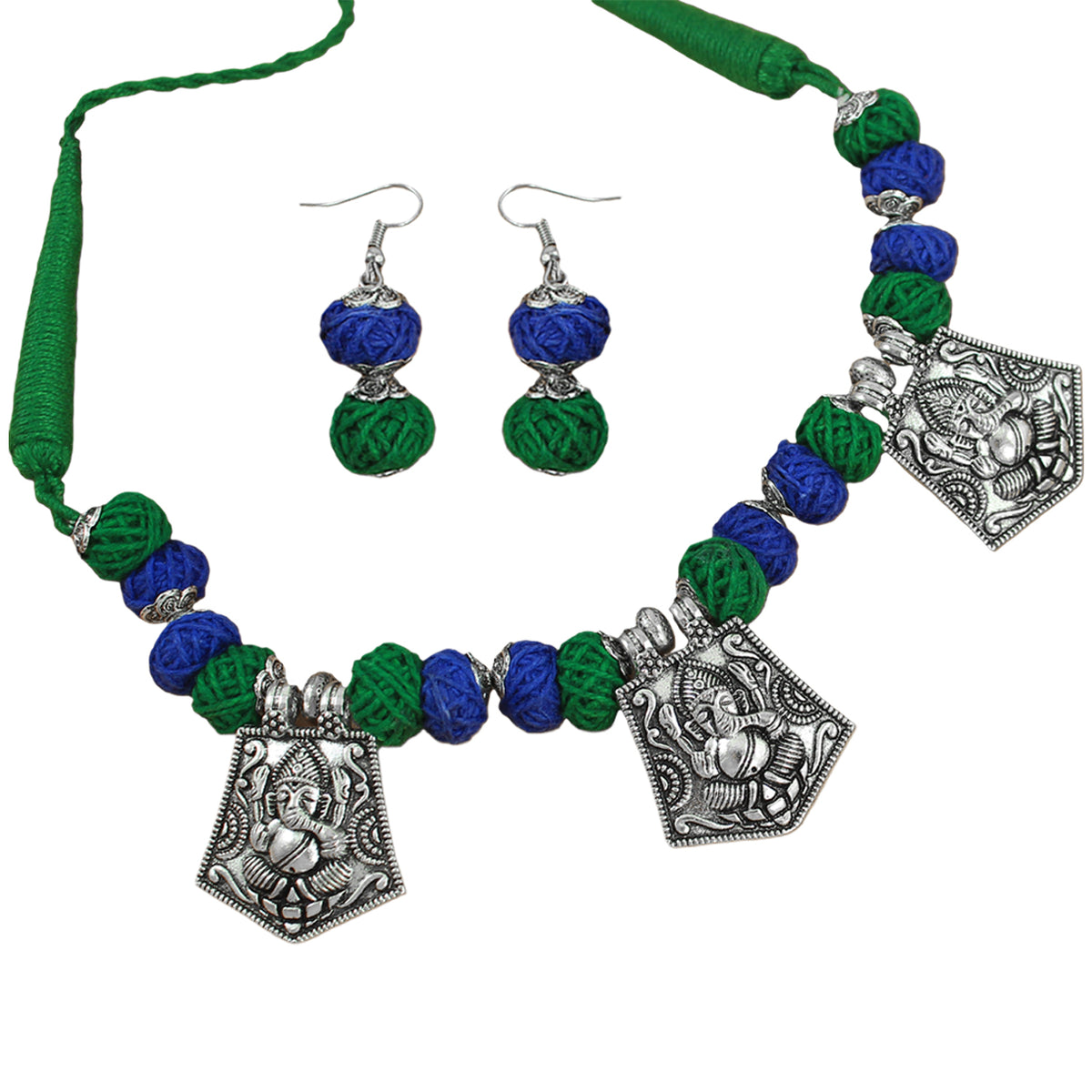 JFL-Jewellery for Less Blue & Green Cotton Thread Necklace Earrings Bracelet Set with Oxidised Silver Ganesha Pendants & Jhumka – Handmade Jewellery for Women & Girls – Navratri, Garba