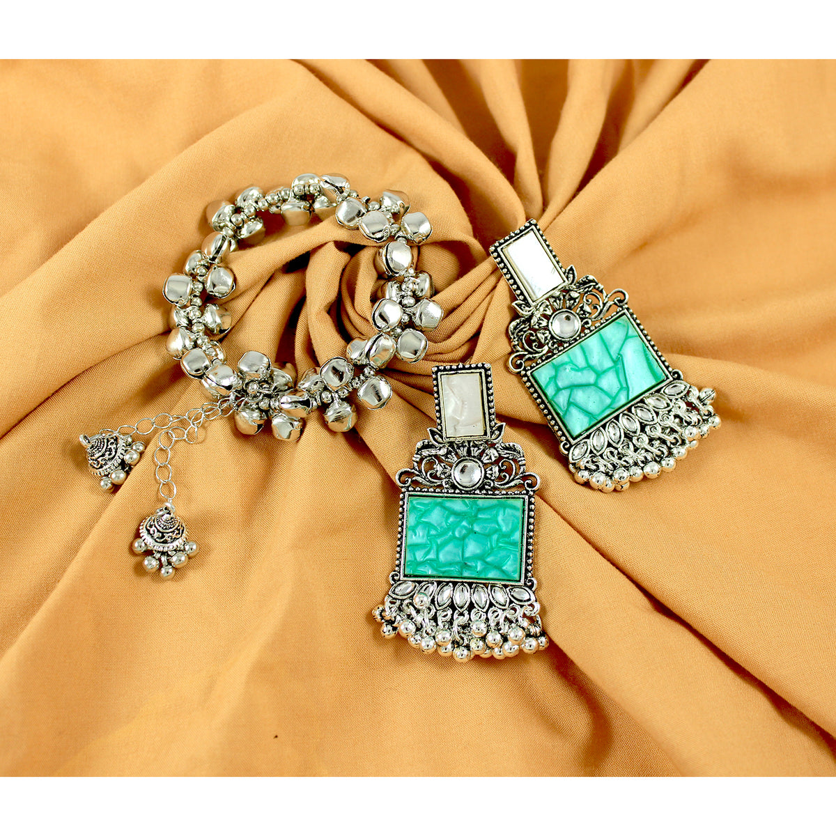 JFL - Jewellery for Less Navratri Special Combo of Oxidised Acrylic Mother of Pearl and Kundan Studded Statement Earrings with Ghungroo Bracelet for Women & Girls. (Green)
