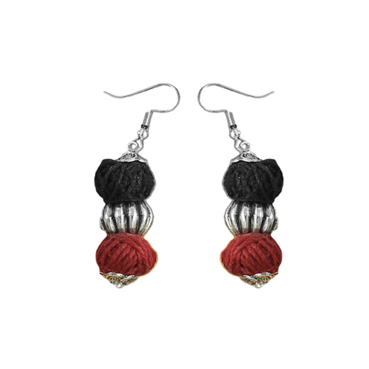 JFL-Jewellery for Less Maroon & Black Cotton Thread Necklace Set with Oxidised Silver Circular Pendant, Ghungroo Danglers & 2 Earring Pairs (Jhumka & Beaded) – Women & Girls, Navratri, Garba