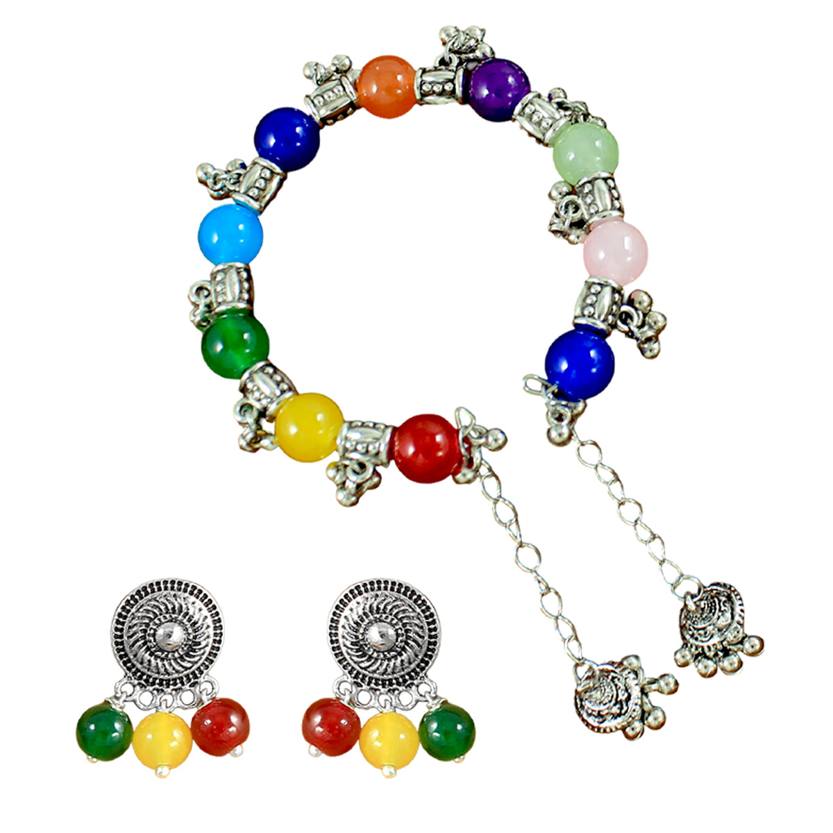 JFL – Jewellery for Less Multicolor Beaded Oxidised Silver Temple Jewelry Set for Women | Radha Krishna Pendant Necklace with Earrings & Bracelet | Ethnic Festive Navratri