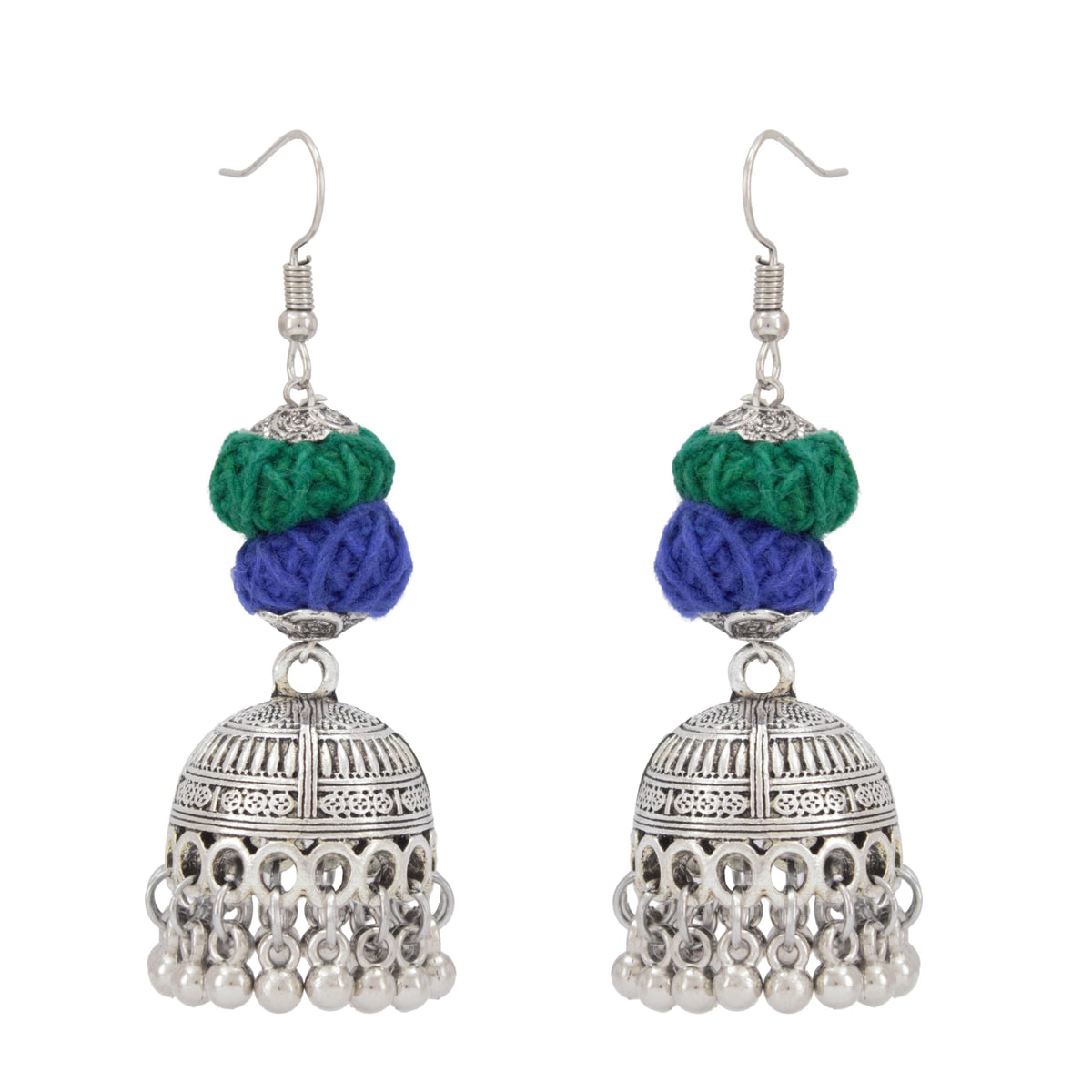 JFL-Jewellery for Less Green & Blue Cotton Thread Necklace Earrings Set with Oxidised Silver Circular Pendant & Jhumka – Handmade Jewellery for Women & Girls – Navratri, Garba