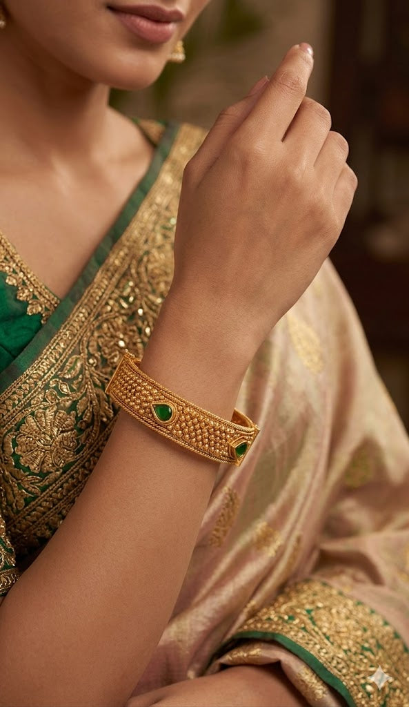One Gram Glod Plated Green Stone Openable Bangle Kada