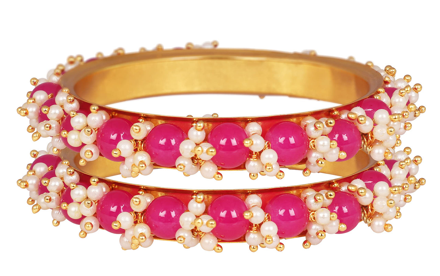 Gold Plated Pearl And Dark Pink Color Beads Bangle Set