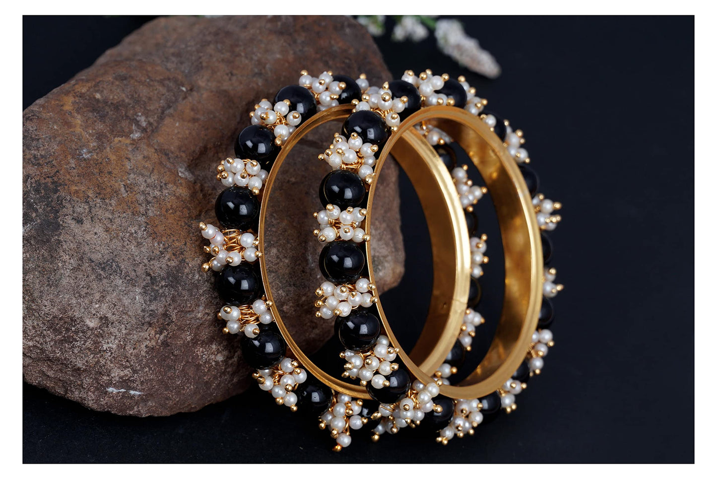 Gold Plated Cluster Pearl And Black Color Beads Bangle Set (Black-26)