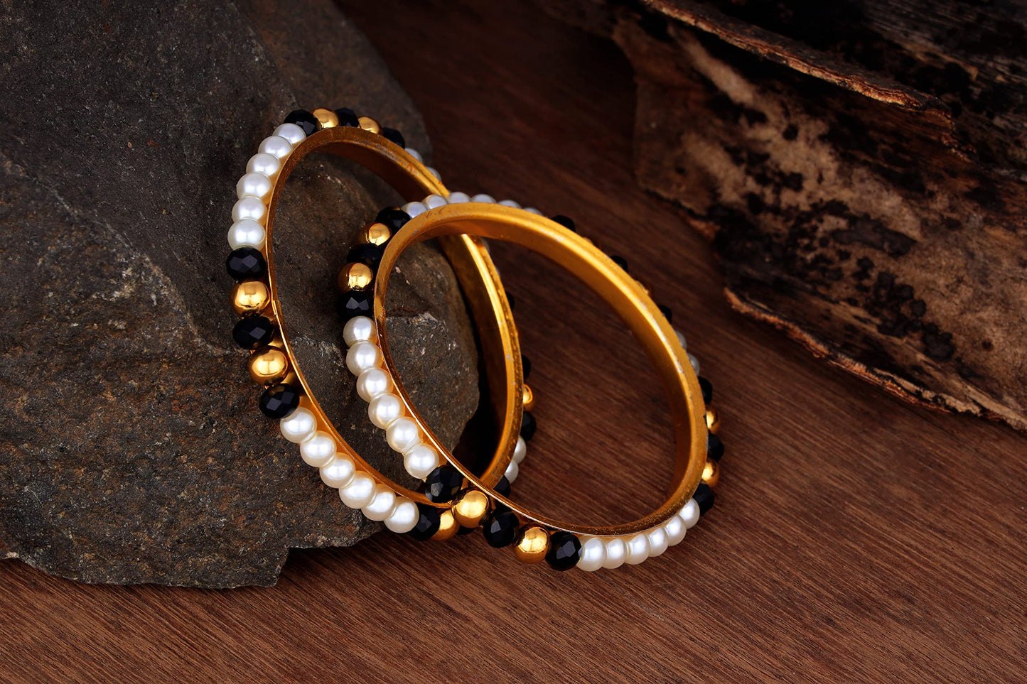 One Gram Gold Plated Pearl Bangles With Crystal & Gold Beads Bangle Set (Black)