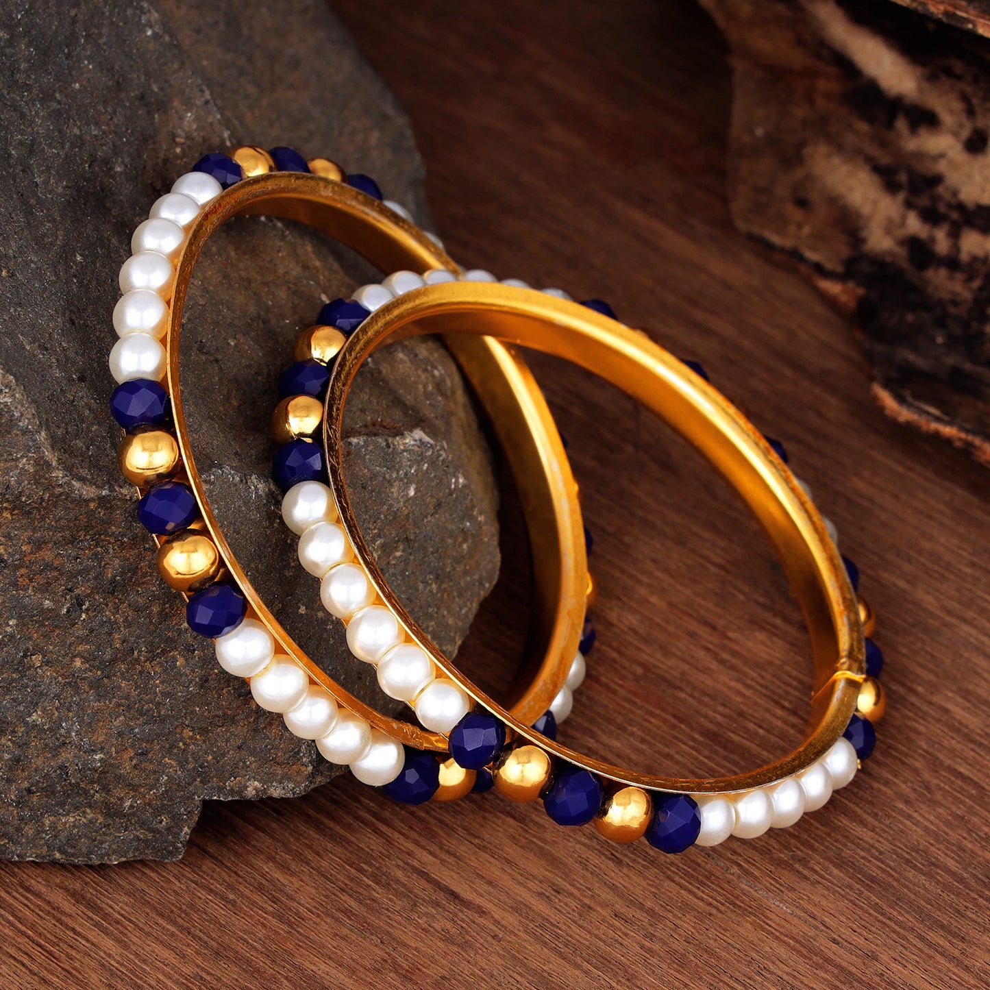 One Gram Gold Plated Pearl Bangles With Crystal & Gold Beads Bangle Set (Navy Blue)