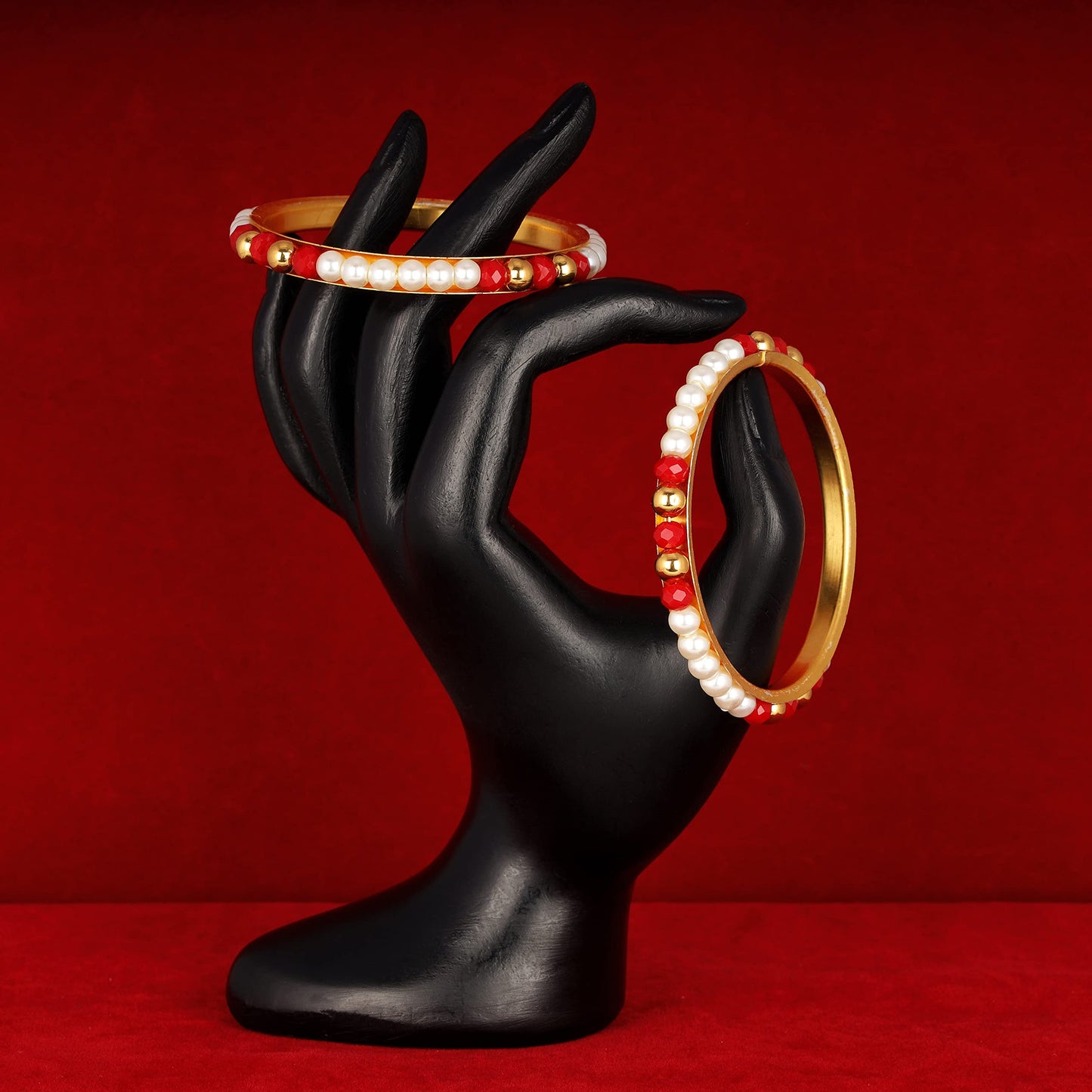 One Gram Gold Plated Pearl Bangles With Crystal & Gold Beads Bangle Set (Red)
