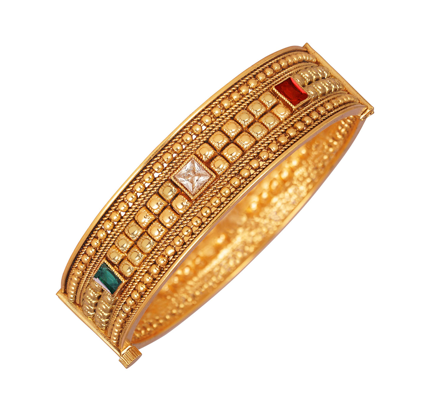 One Gram Gold Plated Lcd, Green And Red Stone Studded Openable Kada .(Multicolor-2.2)