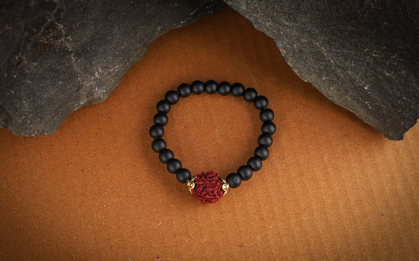 'S Special Matte Finish Black Onyx Stone With Panch Mukhi Rudraksha Stretchable Bracelet - For Girlfriend/Wife.