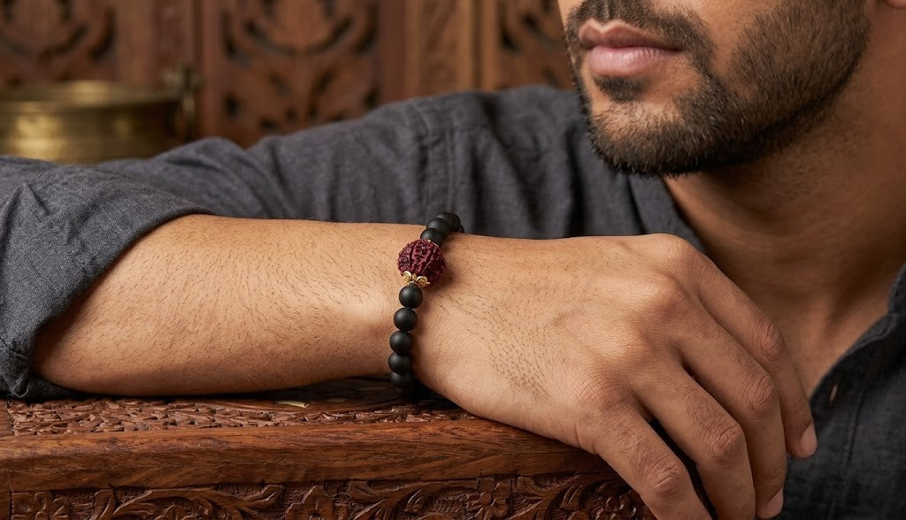 Matte Finish Black Onyx Stone With Panch Mukhi Rudraksha Stretchable Bracelet For Men And Boys- Love For Boyfriend/Husband.