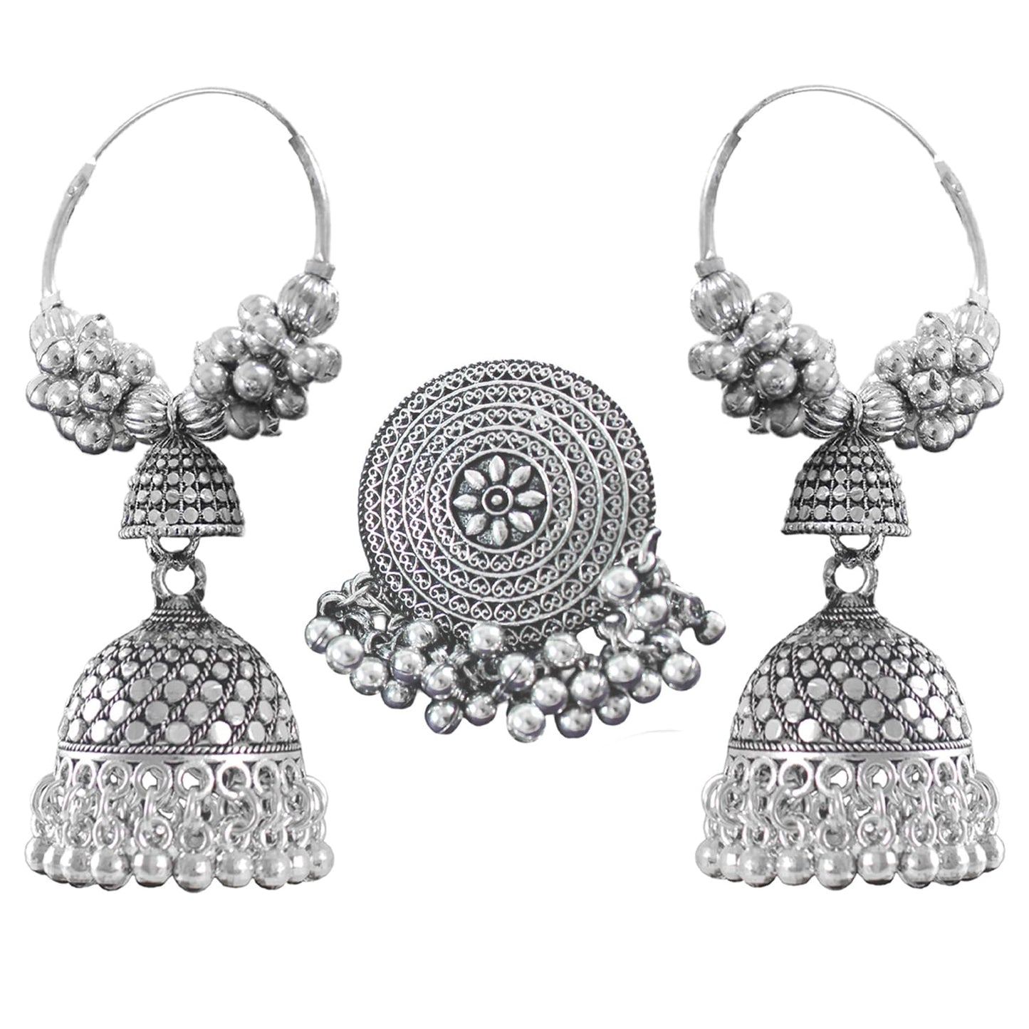 Navratri Special Oxidised Silver Plated Finger Ring & Jhumka Earrings Combo Set
