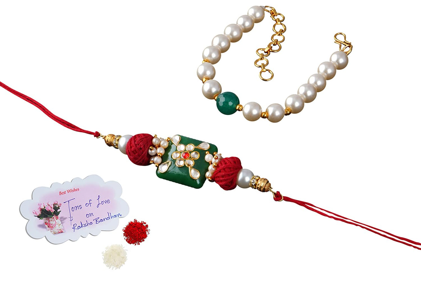 Handmade Kundan Colorful Stone & Pearl,Cotton Bead Rakhi,Combo Collection Couple Pair Set With Roli Chawal (Raksha Bandhan)