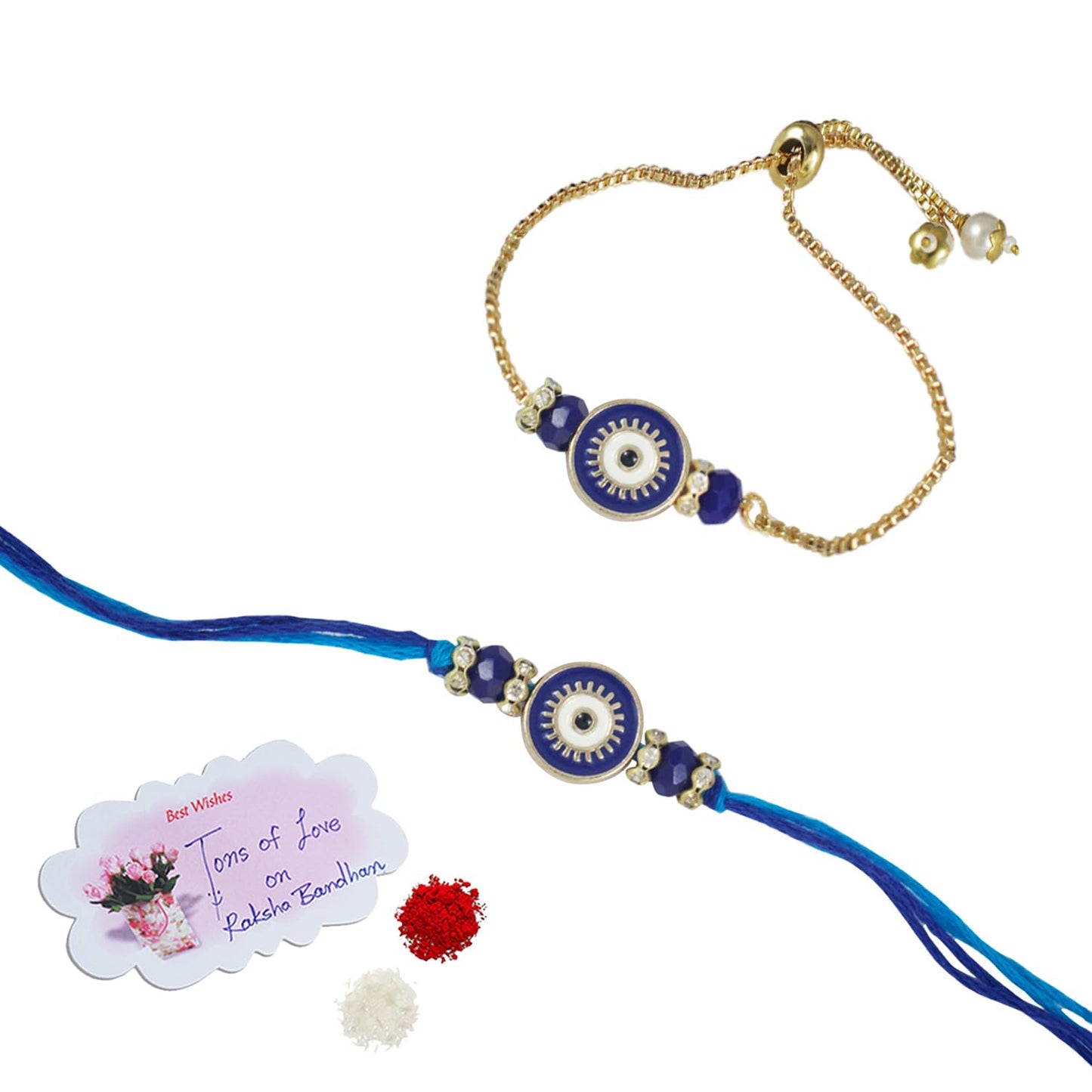 Combo Of Evil Eye Rakhi Plus Bracelet Unisex Boys Rakhi For Bhaiya Bhabhi With Roli Chawal And Written Greeting Note.