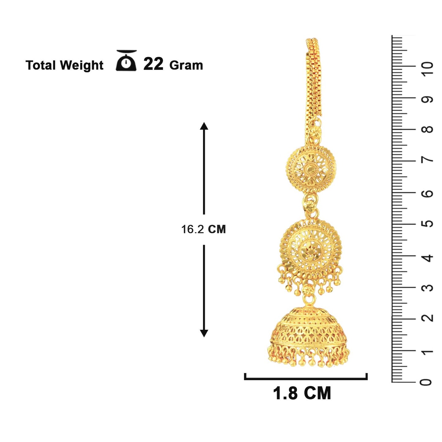 Gold-Plated Long Jhumka Earrings With Attached Ear Chain .