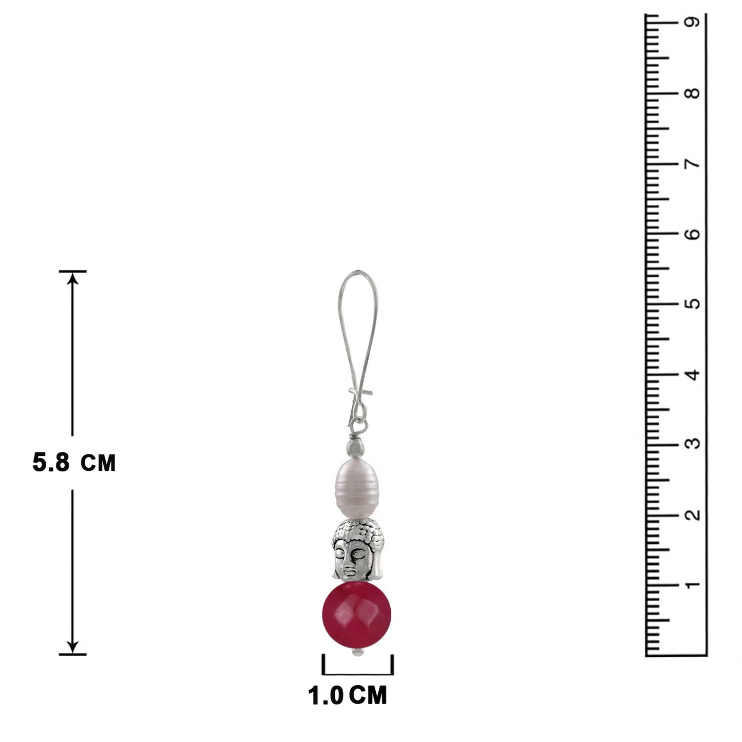 German Silver Plated Oxidised Buddha, Semi Precious Pearl And Agate Bead Earring And Women. (Ruby Red)
