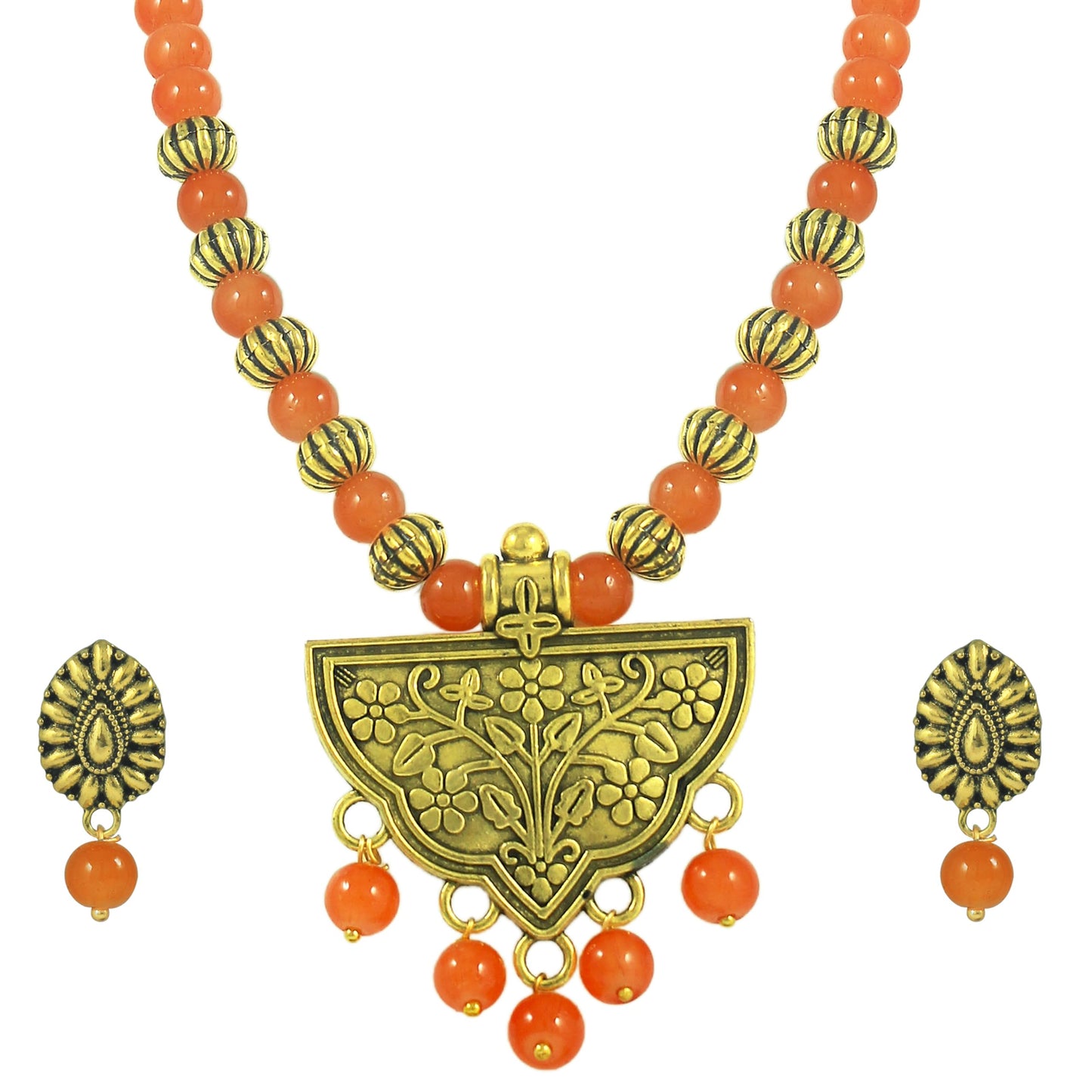 Oxidized Gold Plated Floral Pendant Necklace – Orange Beaded Tribal Jewelry Set