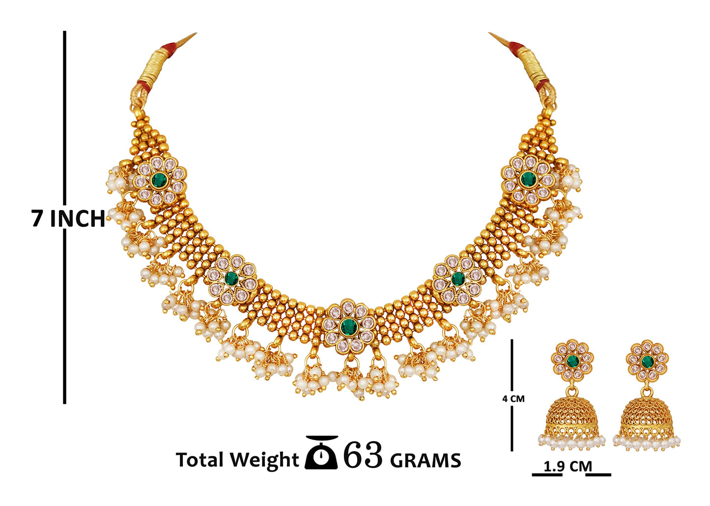 Gold Plated Floral Choker Necklace Set – Emerald Green Stone & Pearl Embellishments