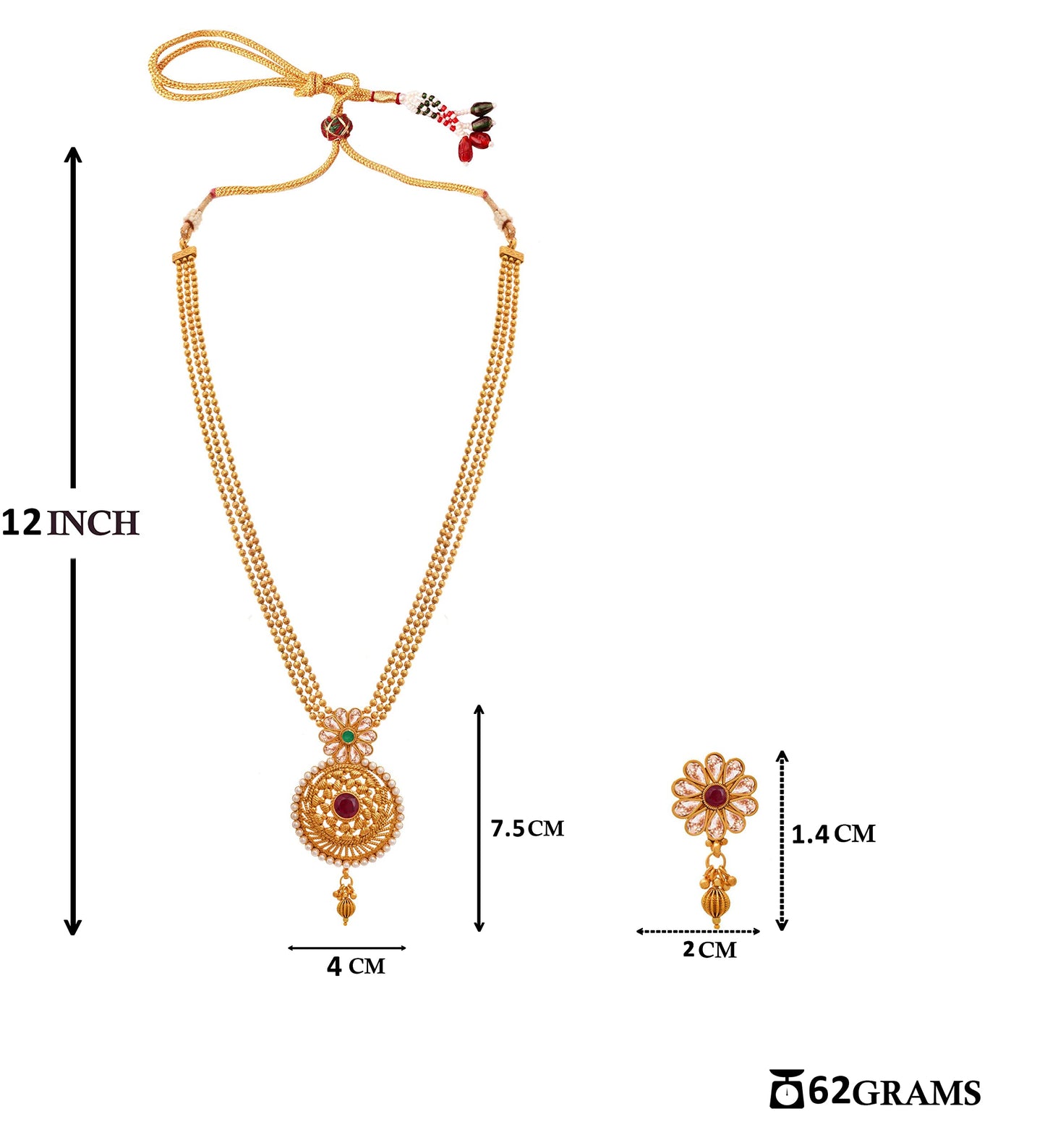 One Gram Gold Plated Long Three Layer Bead Chain Pearl & Maroon Stone Studded Necklace Set .