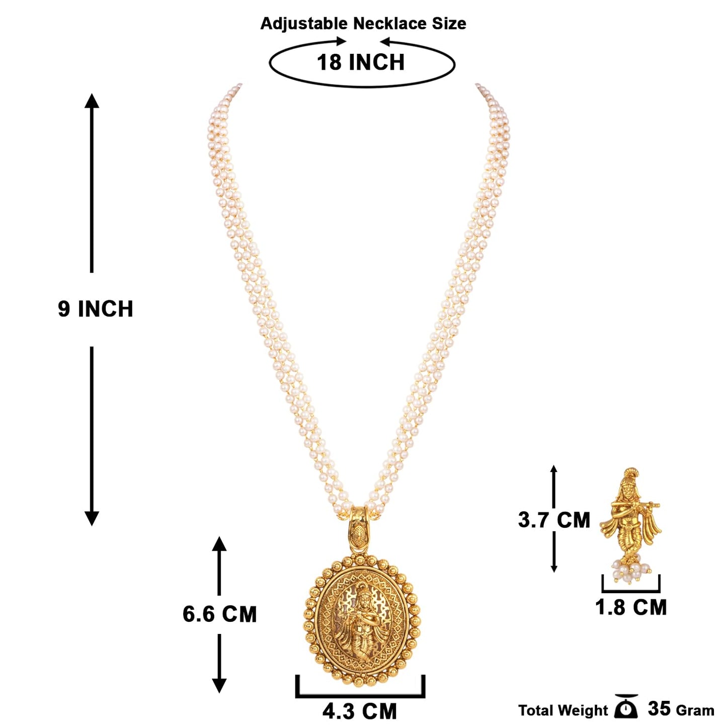 Gold Plated Lord Krishna Pendant Pearl String Chain With Earring .