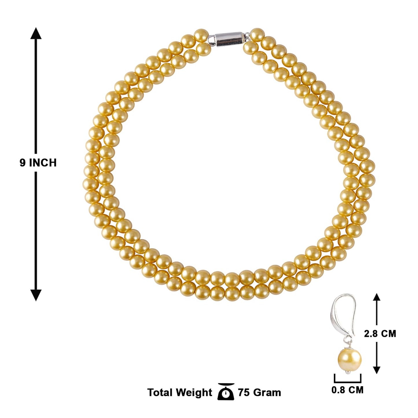 Double Strand Pearl Necklace Set – 6mm & 8mm Round Pearl Mala with Earrings and Bracelet
