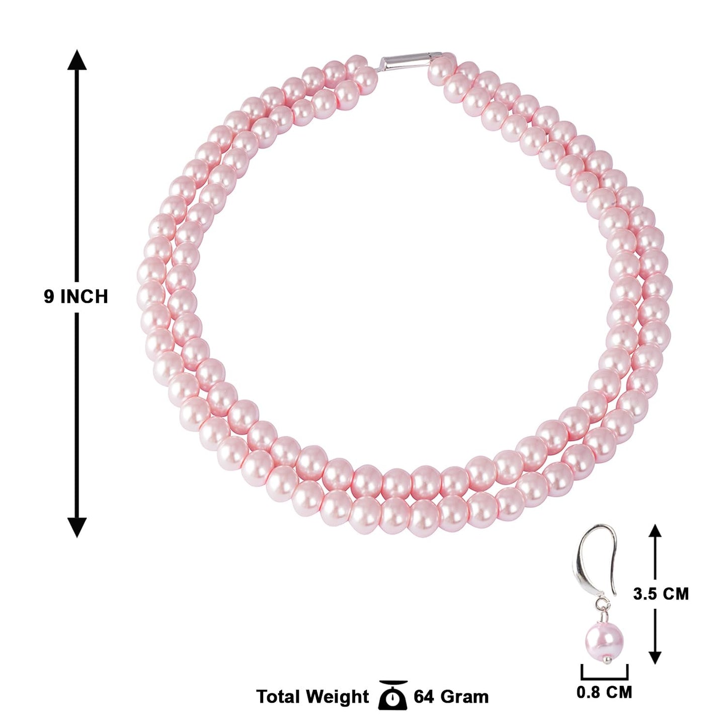 Double Strand Pearl Necklace Set – 6mm & 8mm Round Pearl Mala with Earrings and Bracelet