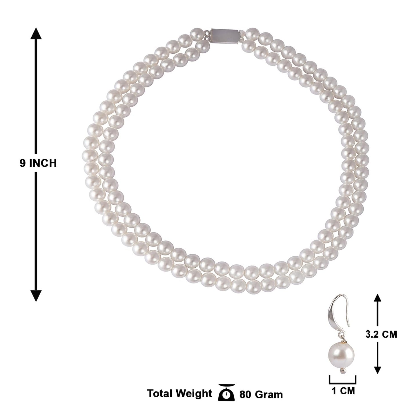 Double Strand Pearl Necklace Set – 8mm Round Moti Mala with Earrings and Bracelet