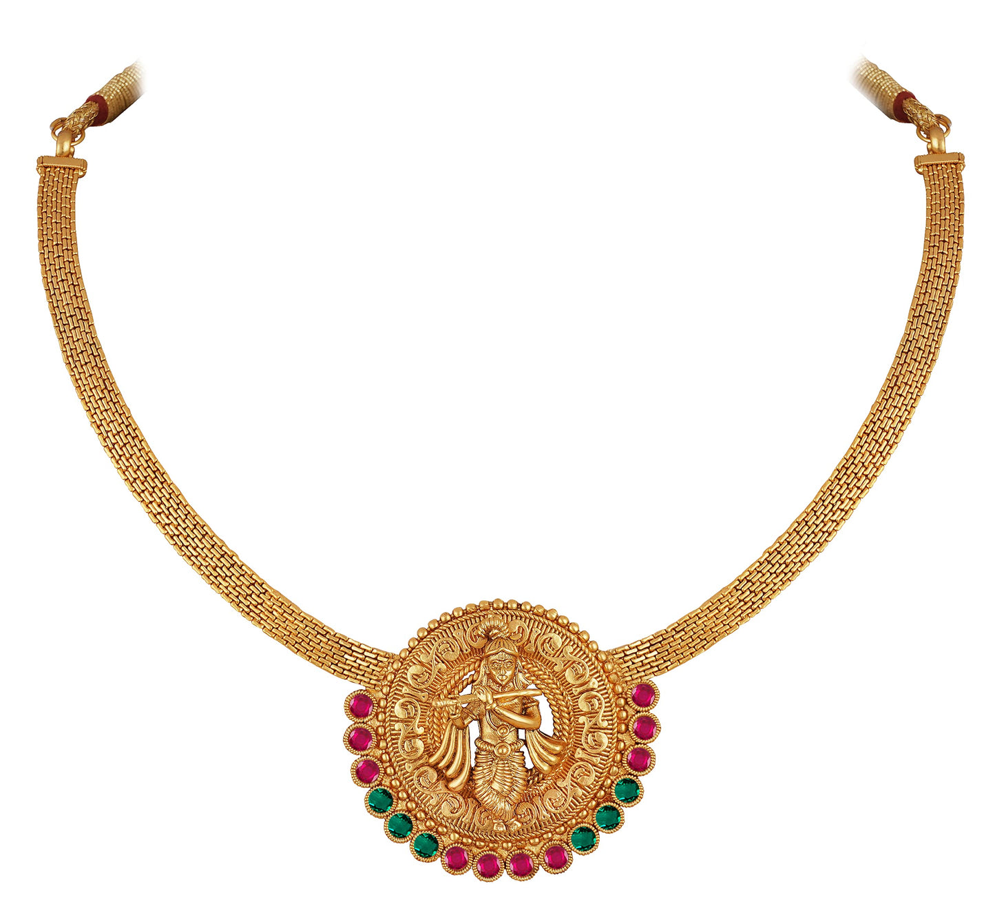 One Gram Gold Plated Temple Necklace Set – Lord Krishna Design with Ruby & Emerald Stones