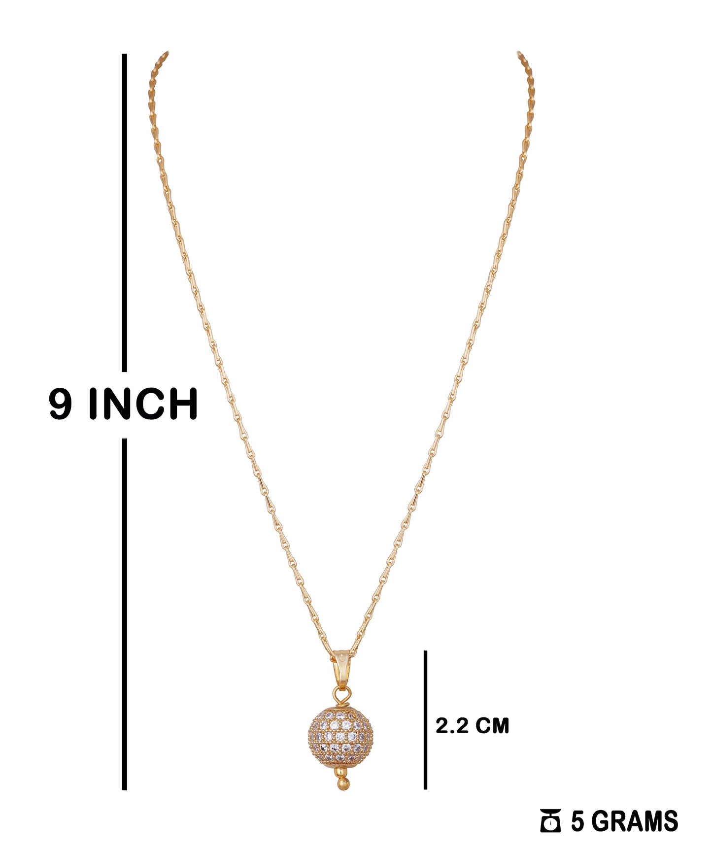 Gold Plated American Diamond Studded Single Ball Pendant With Chain .