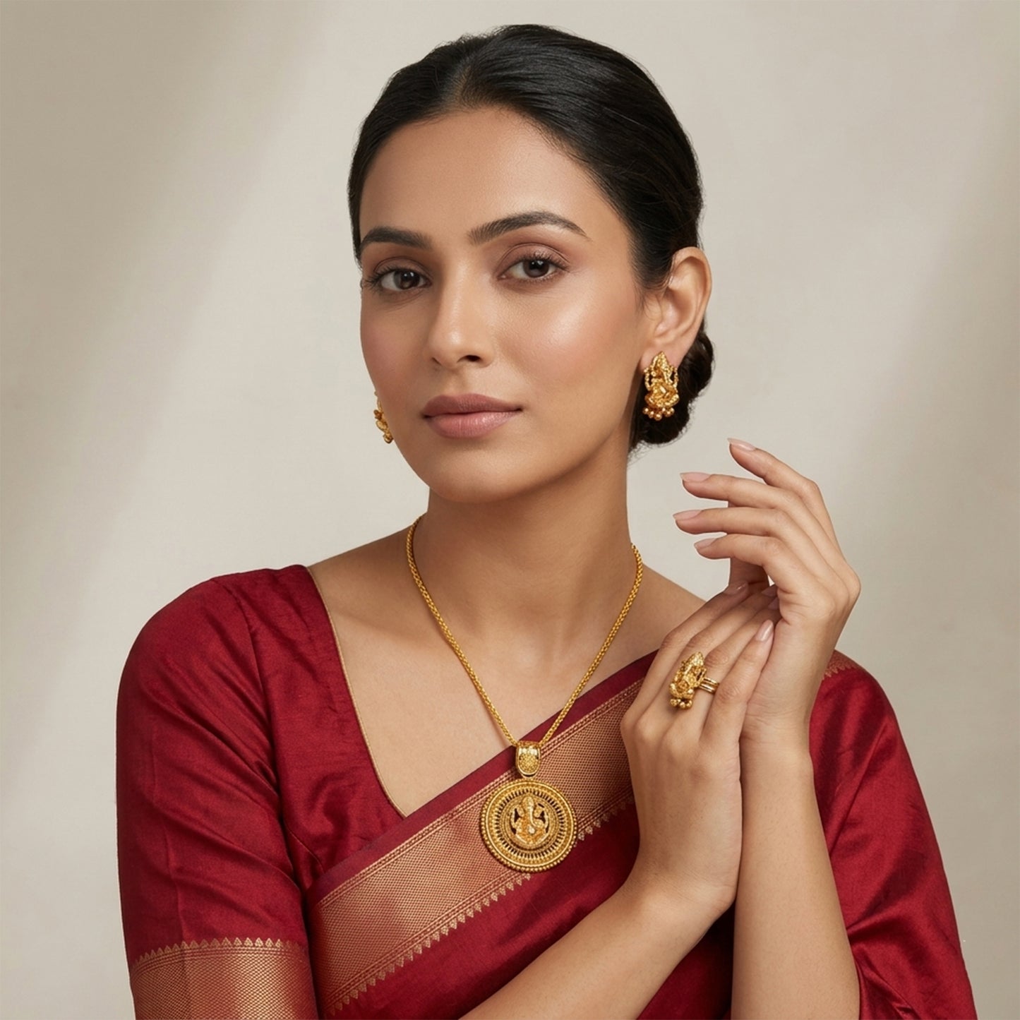 Gold Plated Lord Ganesh Pendant Set With Earring & Finger Ring .
