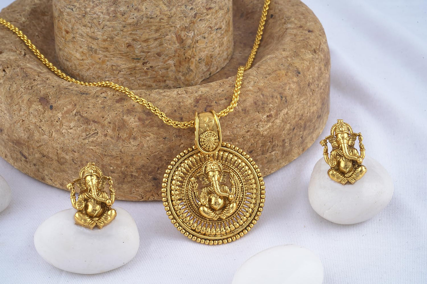 Gold Plated Lord Ganesh Pendant Set With Earring .