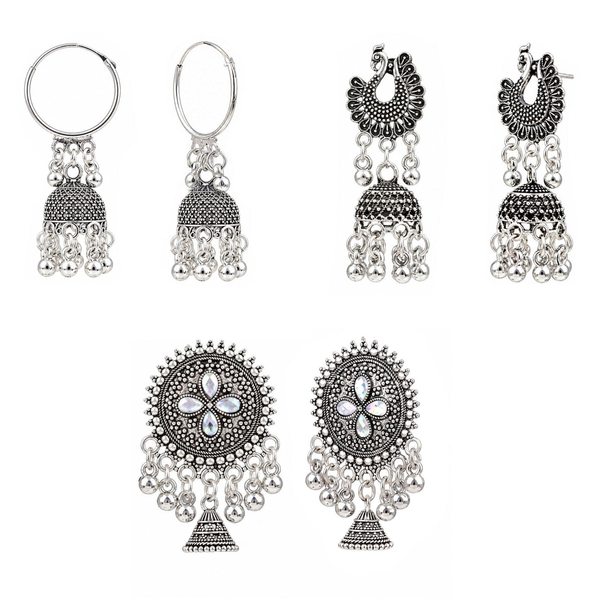 Oxidised Silver Jhumka Earrings Combo Pack of 3 for Women & Girls | Traditional Peacock, Temple & Floral Chandbali Designs | Ethnic Festive Jewellery for Wedding & Party