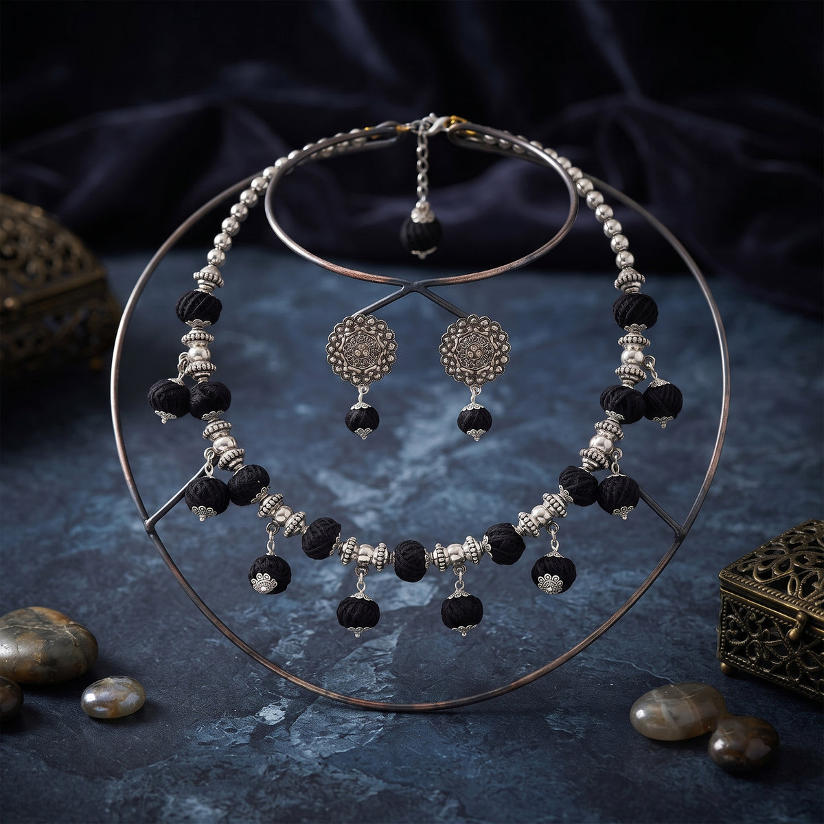 Oxidized German Silver Beaded Necklace with Black Thread Ball Danglers & Earrings Set – Ethnic Wire Collar Jewellery Set for Women, Navratri Special