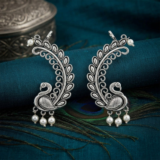 Oxidized Silver-Toned Peacock Ear Cuff Earrings with Pearl Drops – Antique Finish Leaf Pattern Ear Cuffs for Women & Girls | Navratri Special