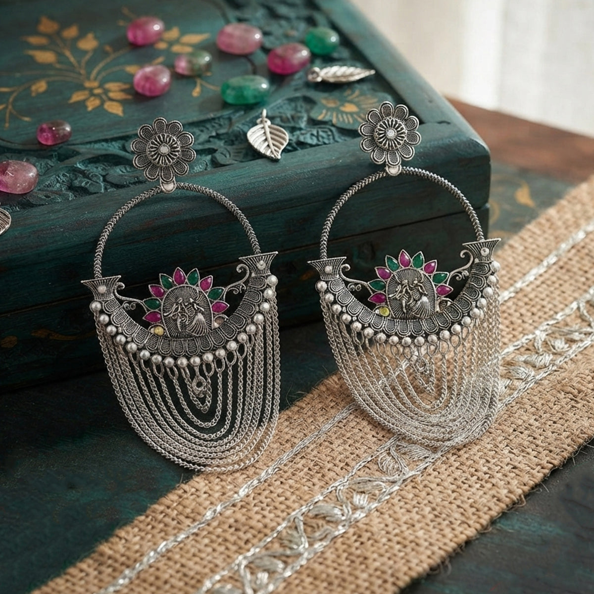 Oxidized Silver-Toned Antique Chandbali Earrings with Pink & Green Stones and Layered Chain Tassels – Traditional Ethnic Jhumki Earrings for Women & Girls | Navratri Special