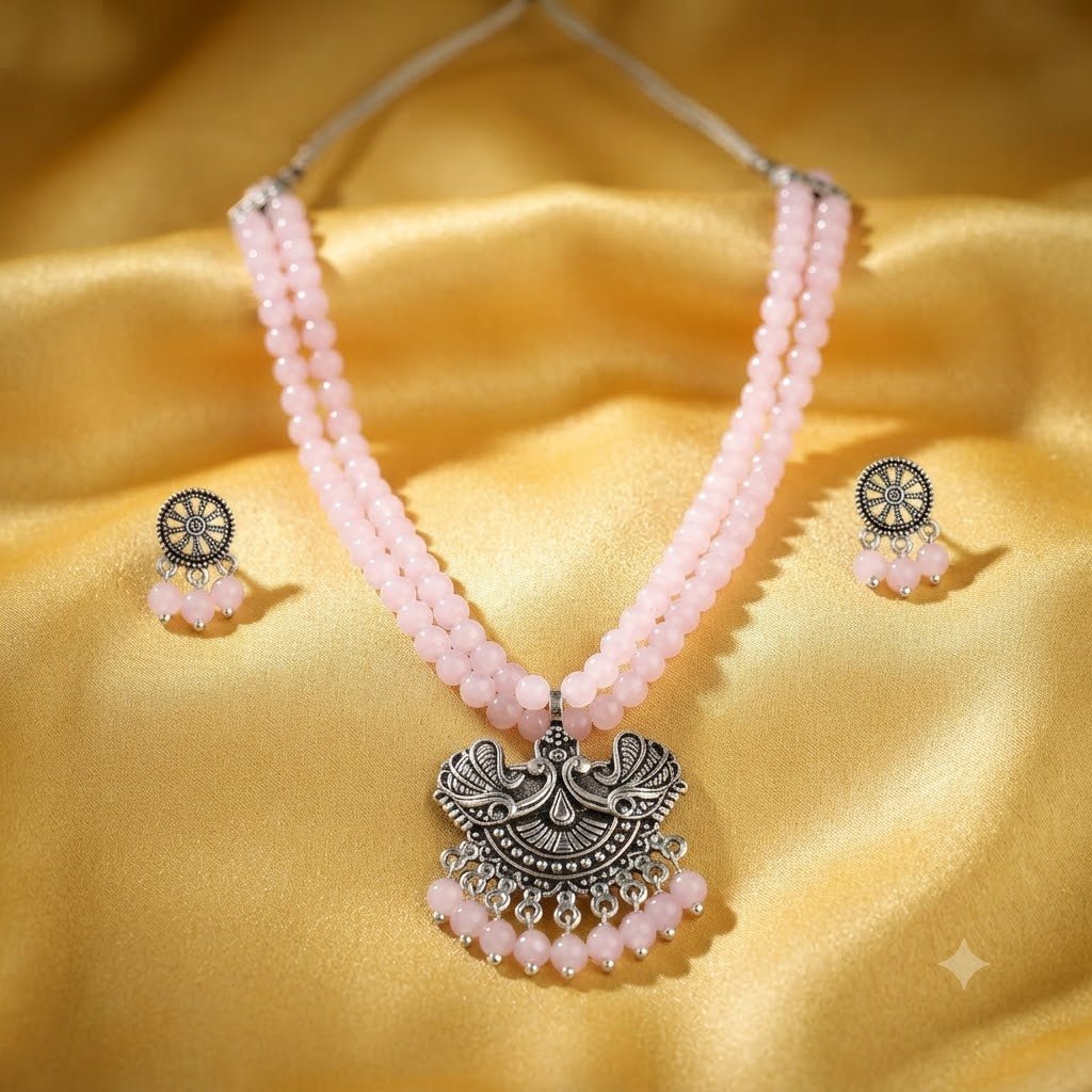 JFL - Jewellery for Less Oxidized German Silver Pink Beads Double Strand Peacock Pendant Necklace with Earrings Set for Women | Antique Silver Design Jewellery Set | Navratri Special Traditional Jewellery