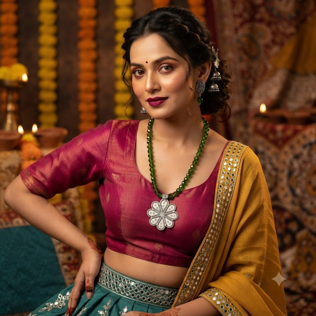JFL - Jewellery for Less Oxidized Silver Floral Pendant Green Beaded Necklace Earrings Set for Women – Navratri Special Traditional Jewellery Set