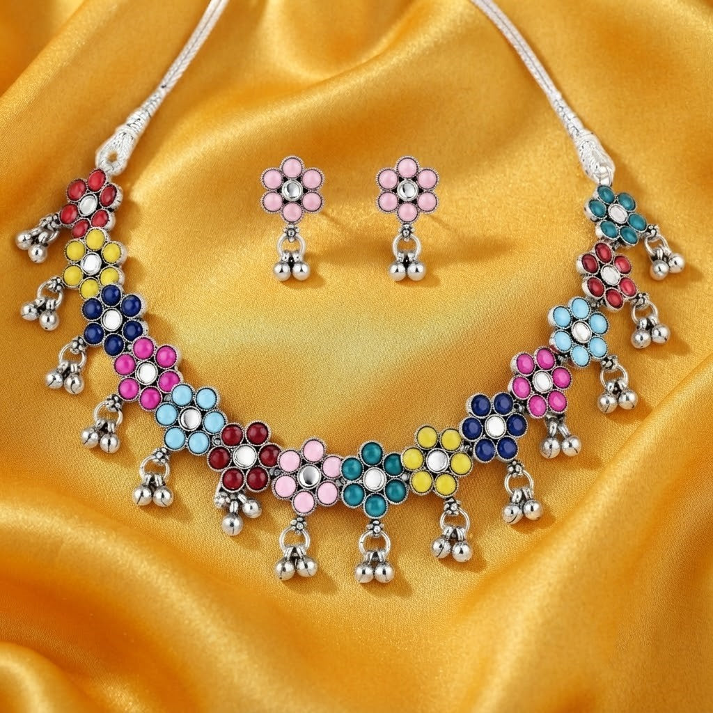 JFL - Jewellery for Less Oxidized German Silver Flower Necklace Set with Earrings – Multicolor Stone Choker Jewellery Set for Women & Girls, Traditional Ethnic Antique Silver Combo